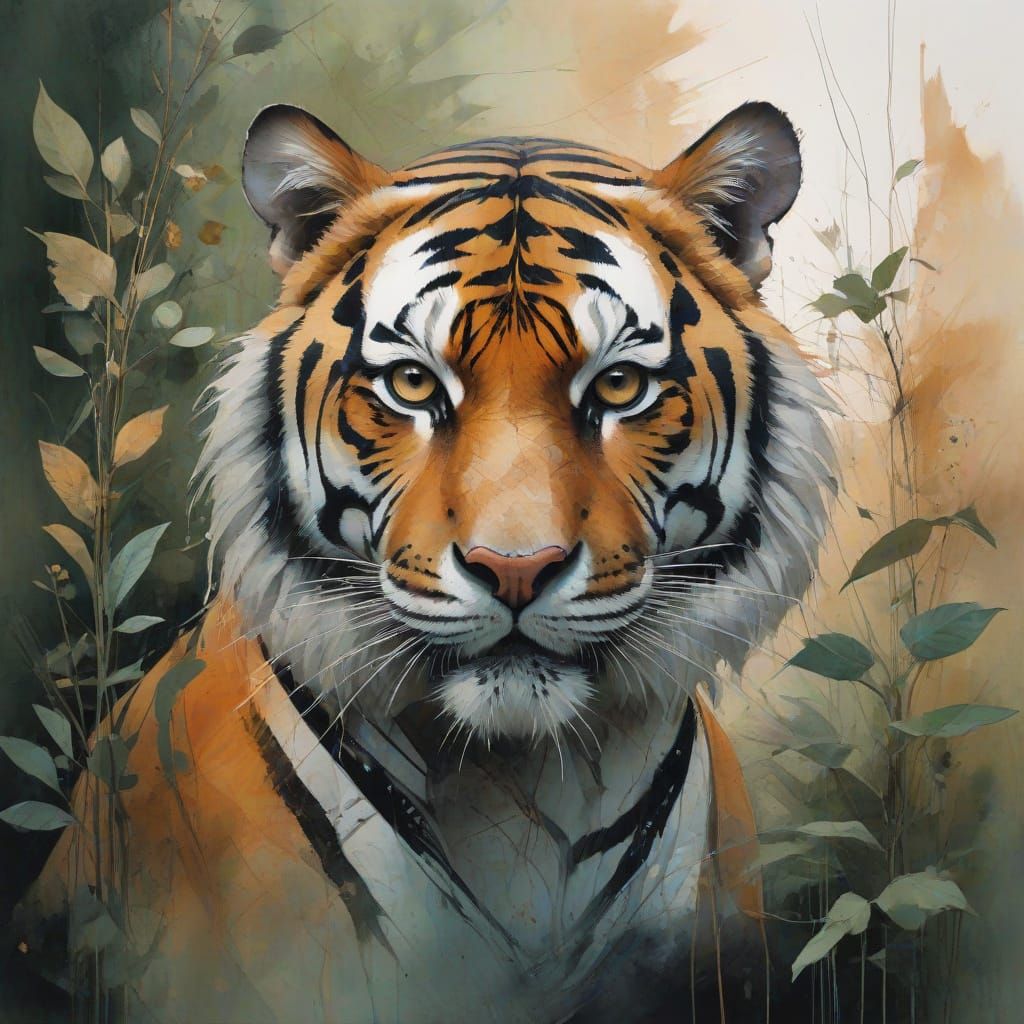 Vibrant Tiger in a Tropical Oasis: Mixed Media Masterpiece