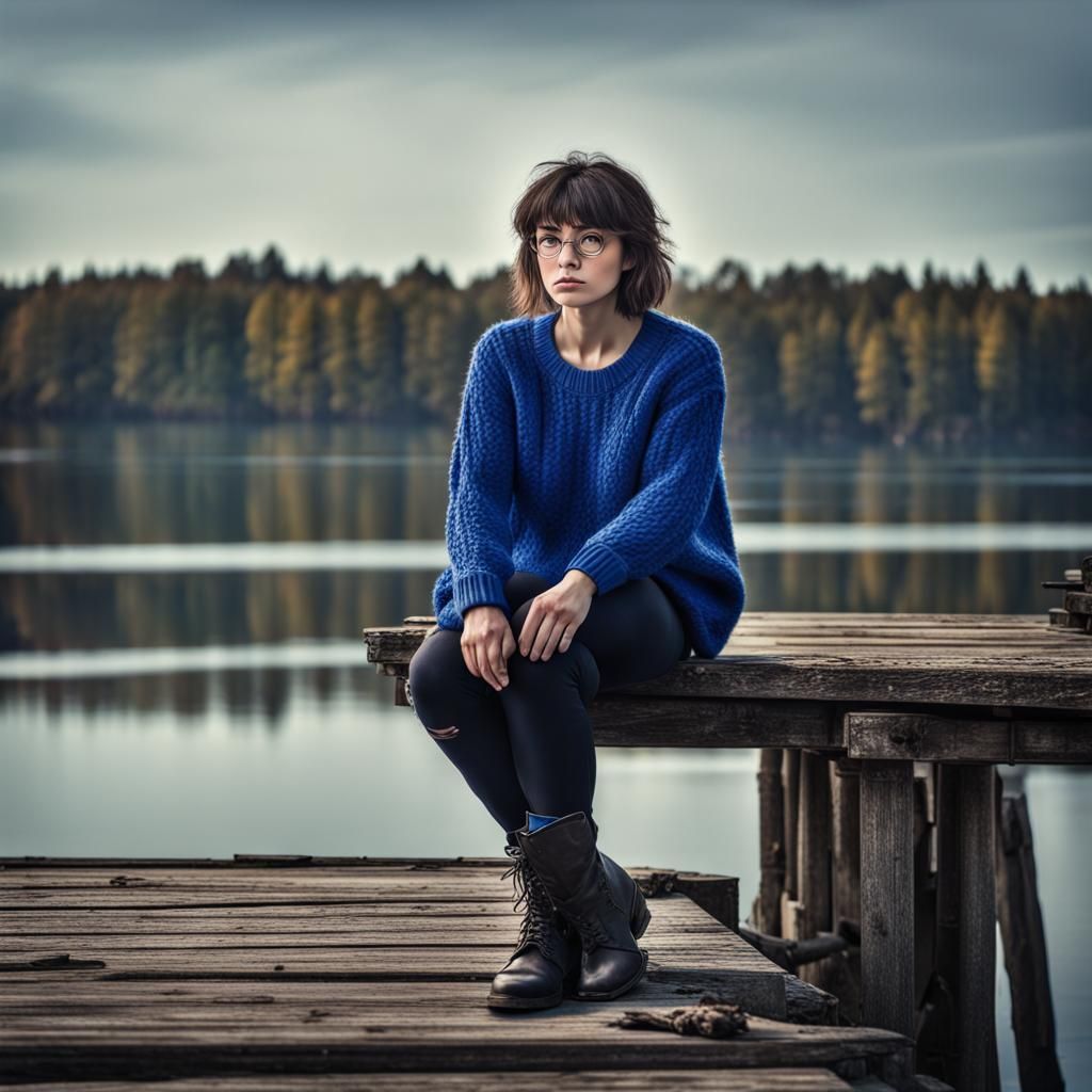 Brunette in Blue Sweater on Lakeside Pier