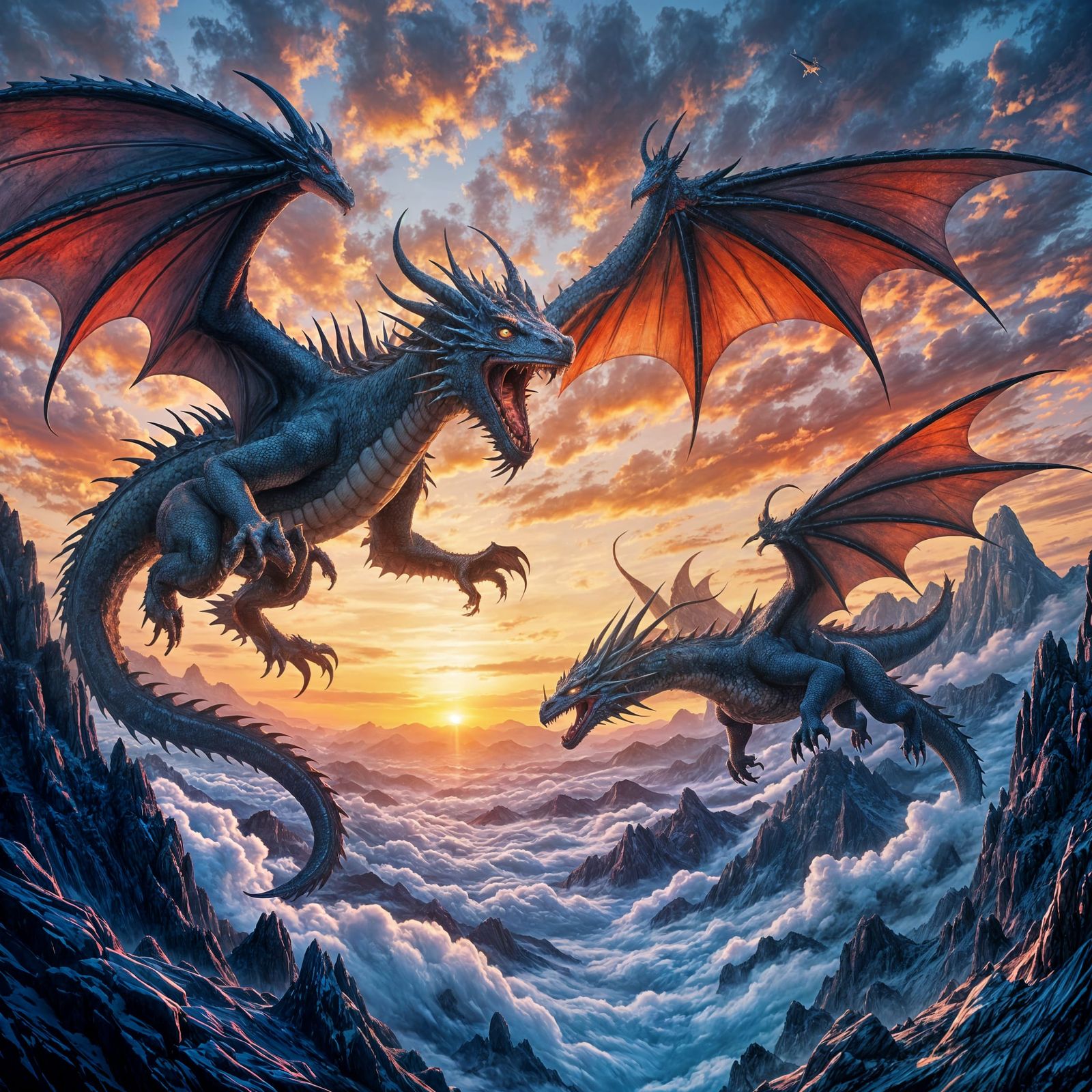 Two Mutant Dragons Soar Through Twilight Sky