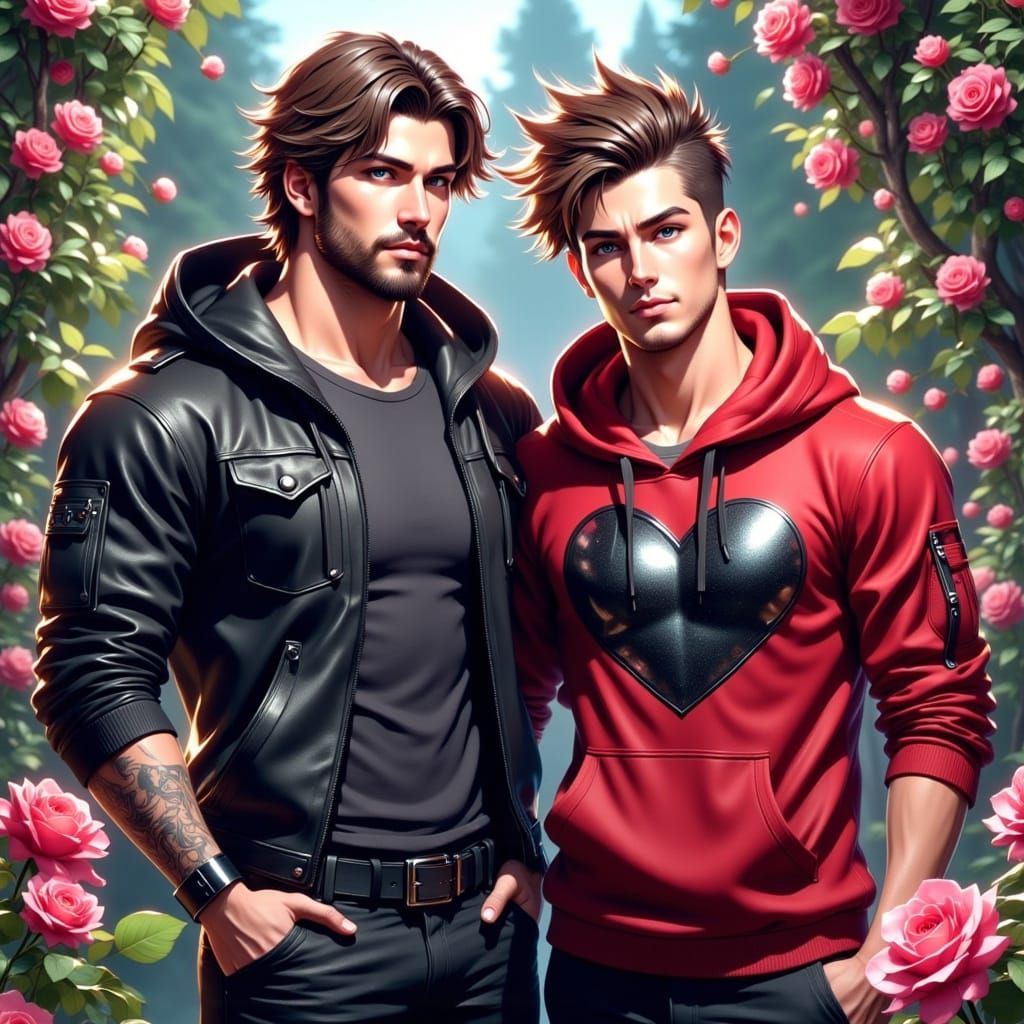 Anime-Style Portraits of Two Men in a Garden