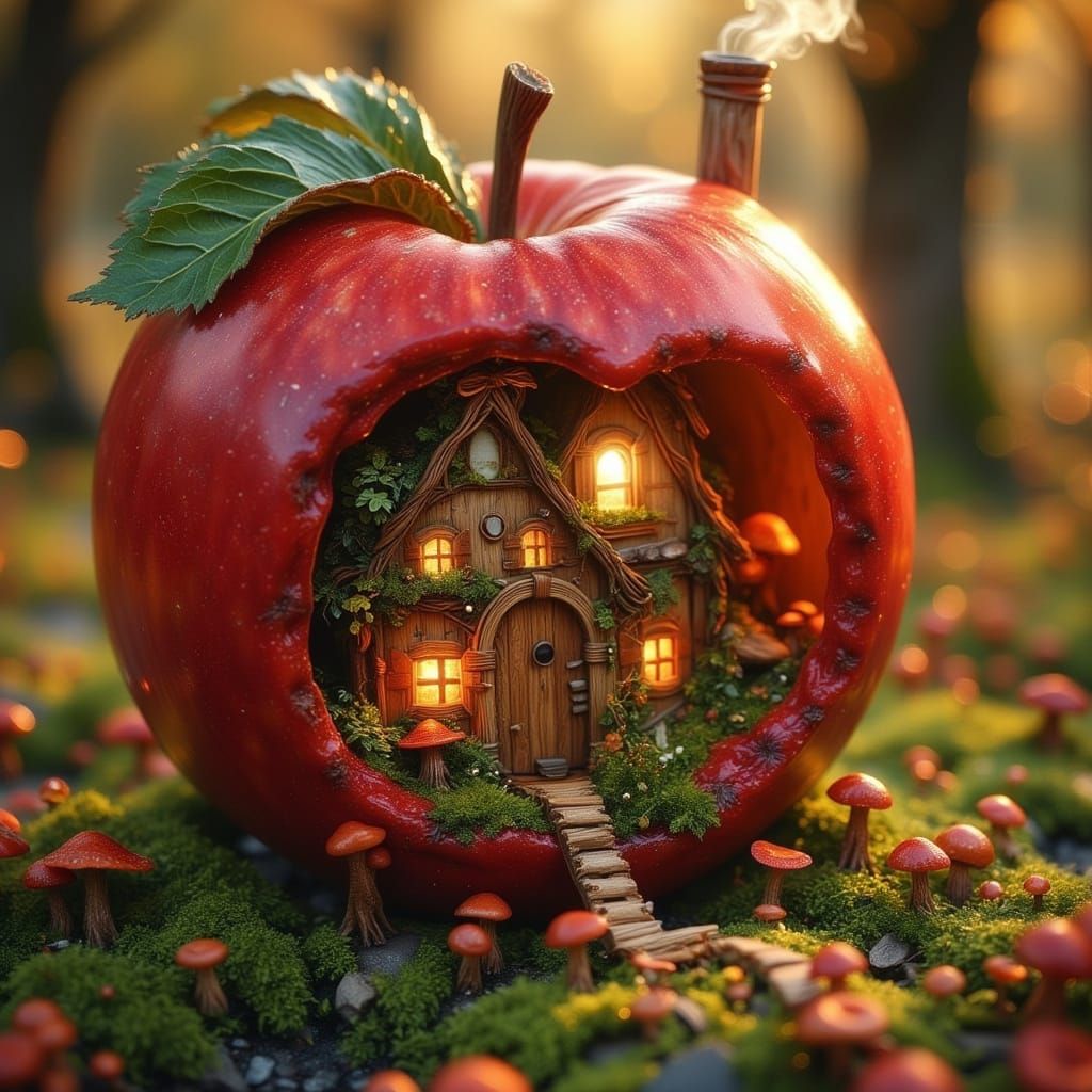 Whimsical Fantasy Village within a Glowing Red Apple
