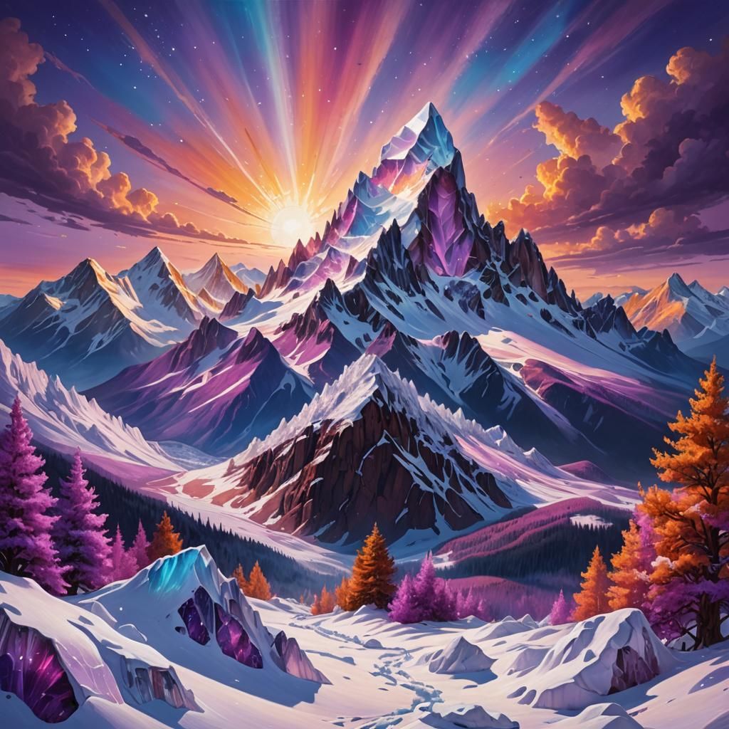 Snowscape with Crystal Geodes and Radiant Sky