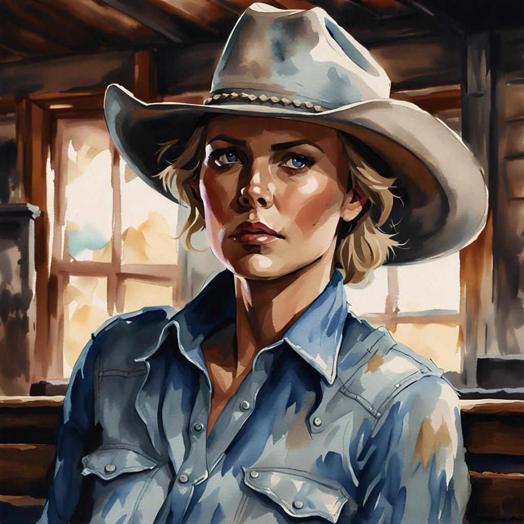 Charlize Theron in Old West Saloon: Impressionism Watercolor