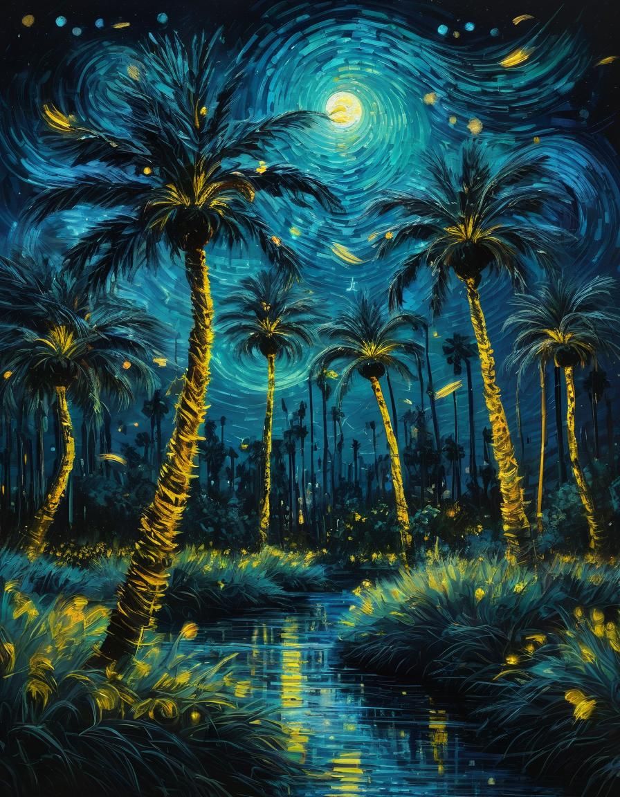 Neon Palm Trees in Impressionist Style