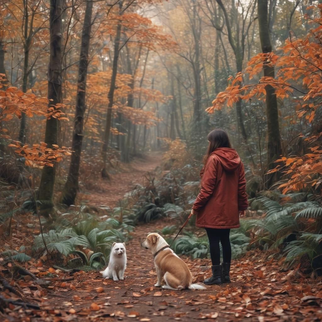 Girl in Autumn Jungle with Loyal Companion