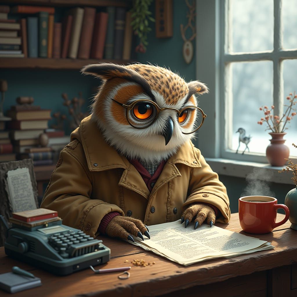 Wise Owl Writes in Cozy Arctic Cabin