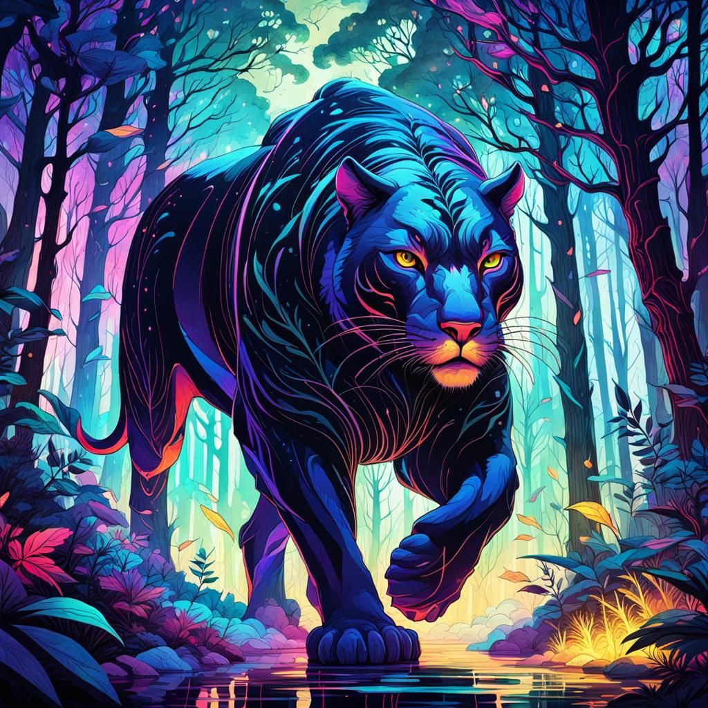 Panther in Dark Forest: Alcohol Ink Sketch