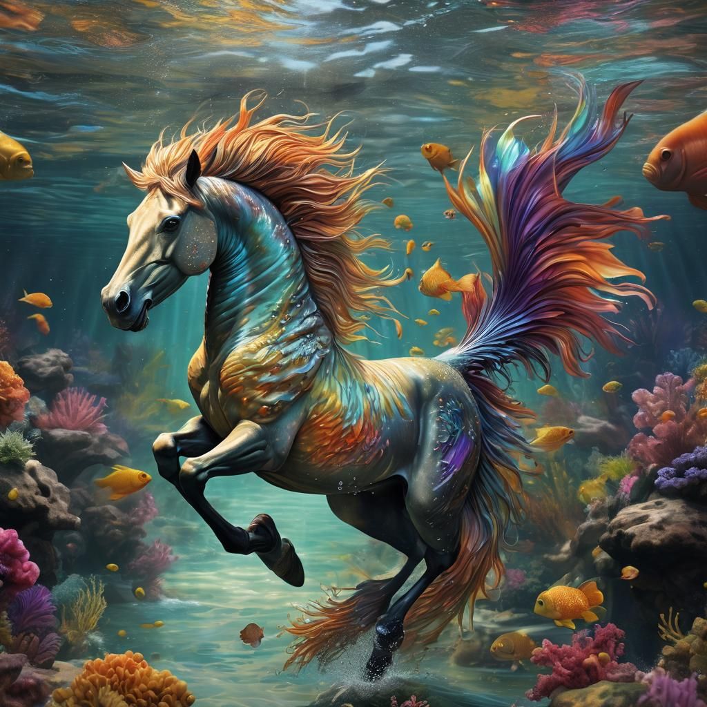 Horse-Headed Hippocampus in Underwater Splash Art