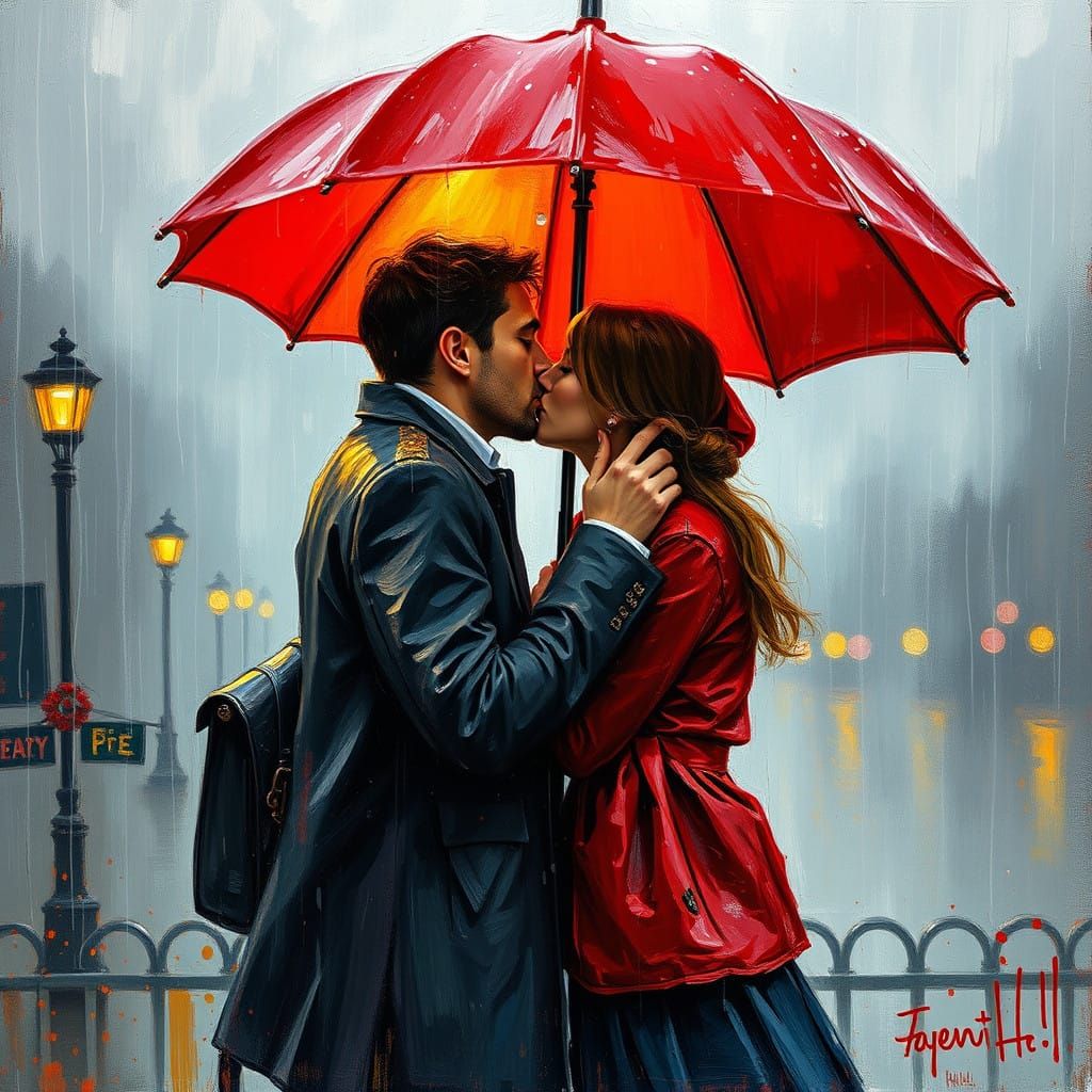 Ethereal Love Under a Vibrant Red Umbrella