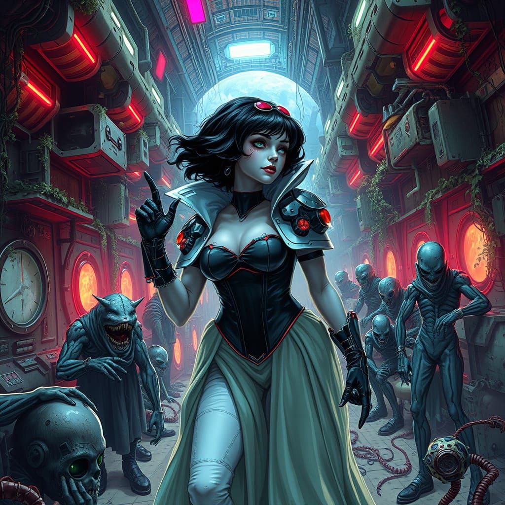 Cyberpunk Snow White Crash Landing on Space Station