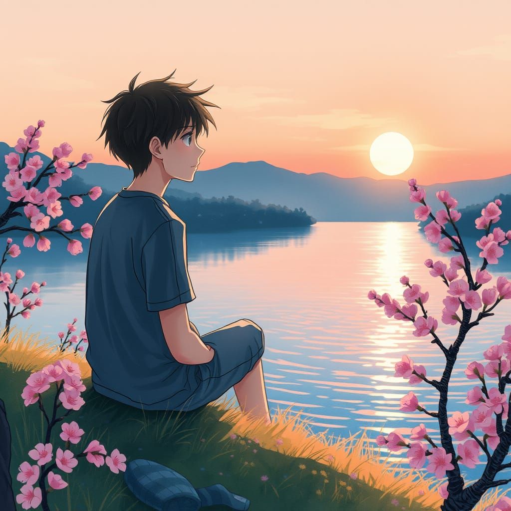 Contemplative Youth Lost in Thought Among Cherry Blossoms at...