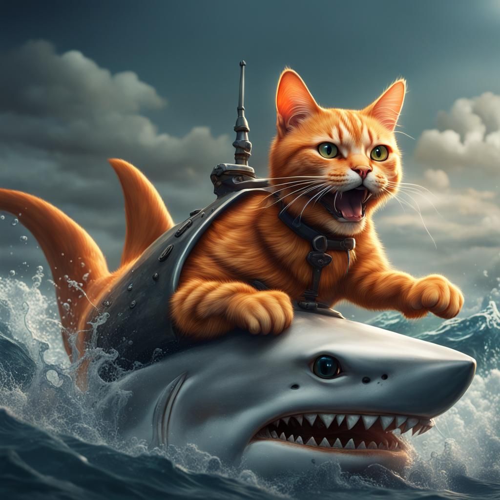 Orange Cat Rides Shark: Detailed Fantasy Art