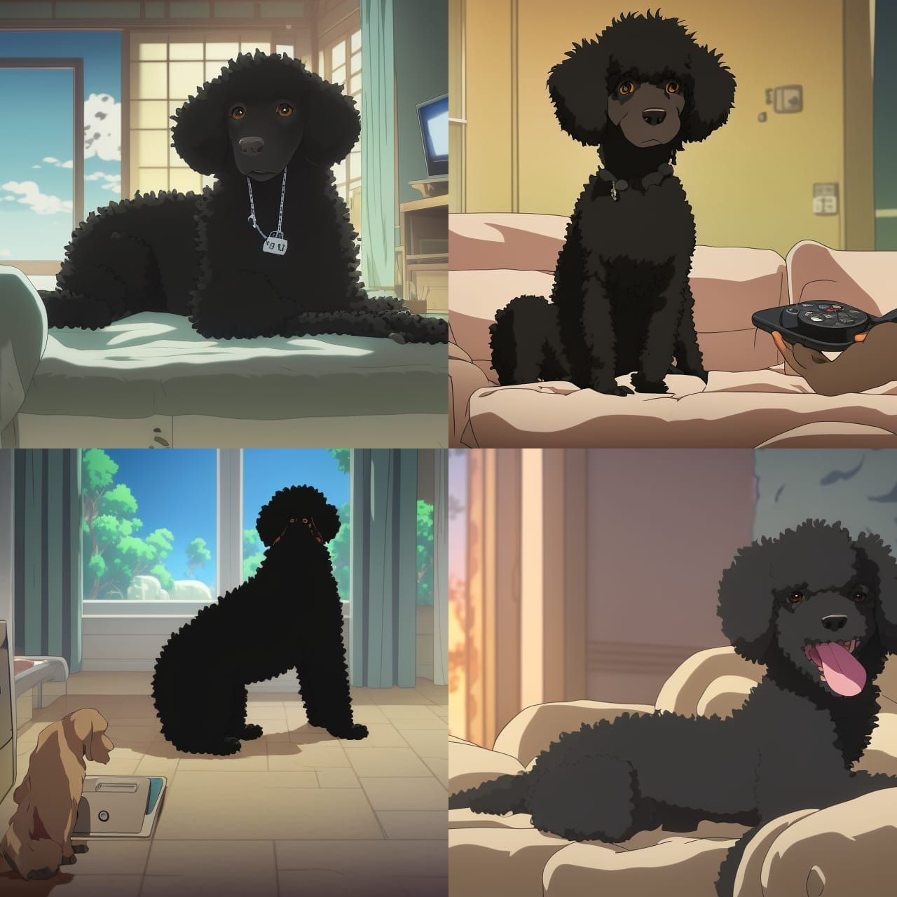 Black Poodle Watches TV in Studio Ghibli Style