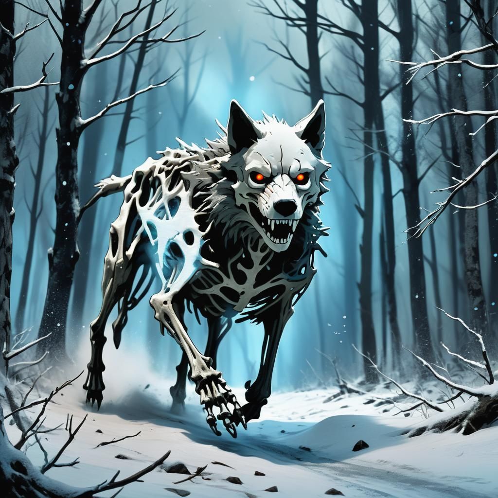 Dark Fantasy Skeleton Wolf in Snowy Haunted Landscape