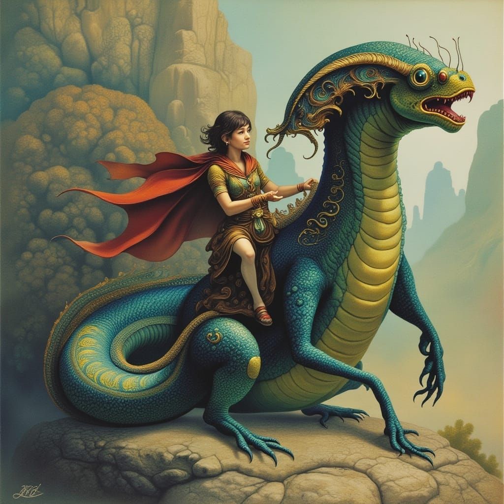 Riding the World Serpent in Fantasy Art Style