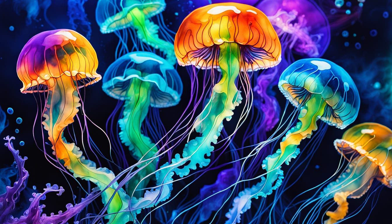 Bioluminescent Jellyfish Pulsates with Neon Light: Fluid Art