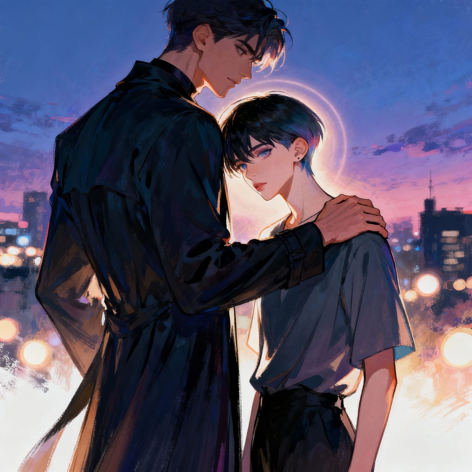 Anime Style: Genderfluid Person Supports Man in Dark Coat