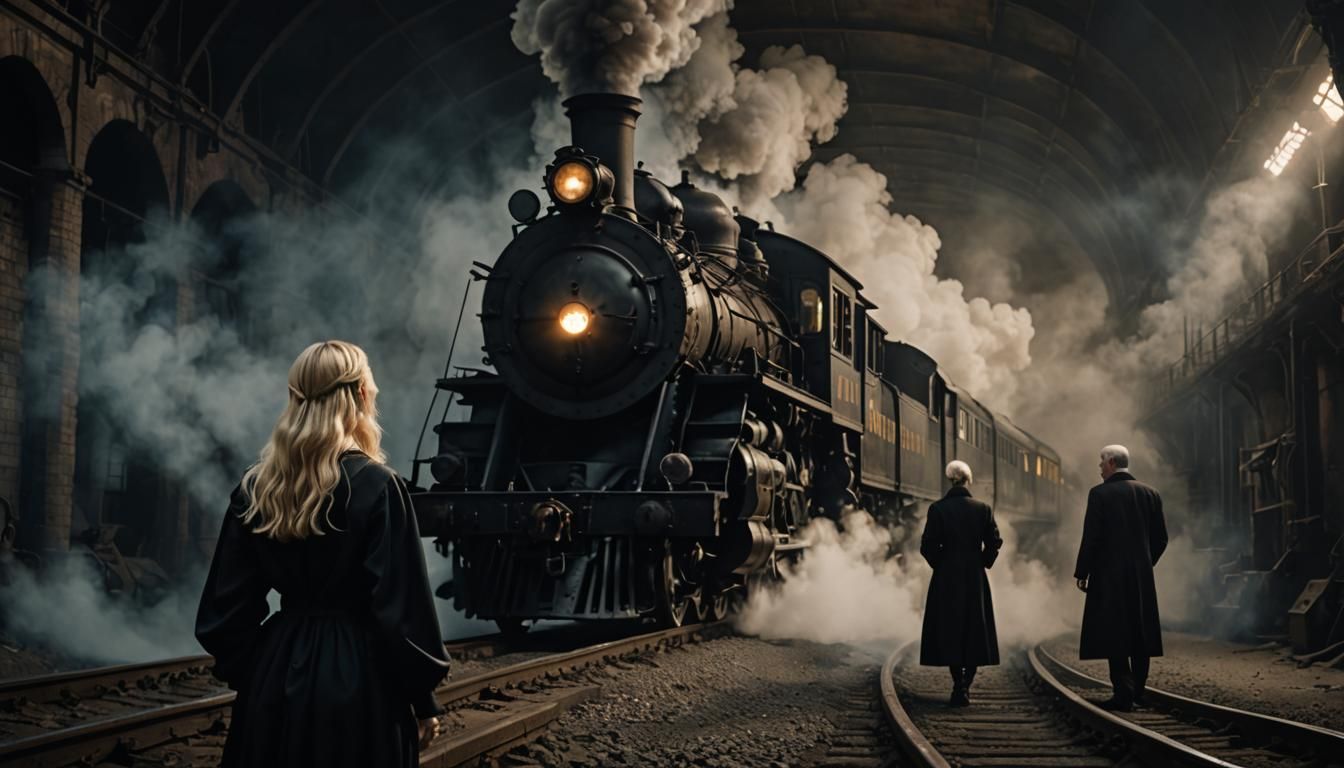Gothic Woman Watches Steam Locomotive in Mysterious Tunnel