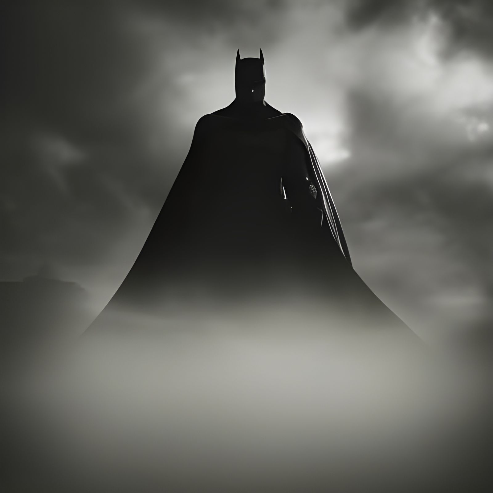 Ominous Batman Silhouette in Foggy, Monochromatic Scene