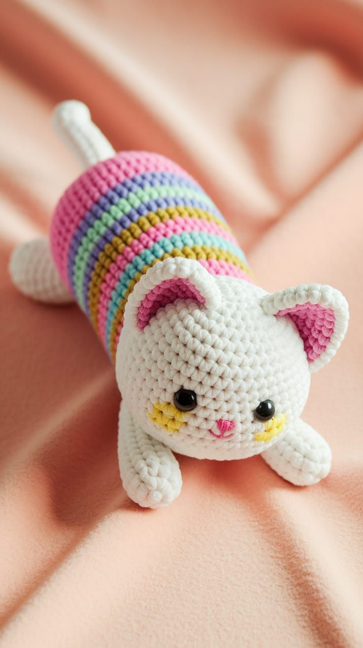 Whimsical Crocheted Kitten Plush Toy in Pastel Hues