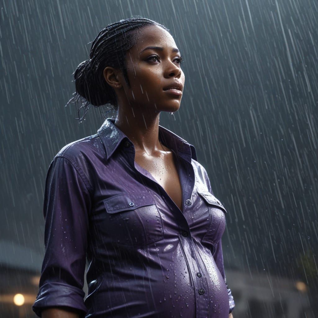 Pregnant Woman in Rain: Cinematic Fantasy Art
