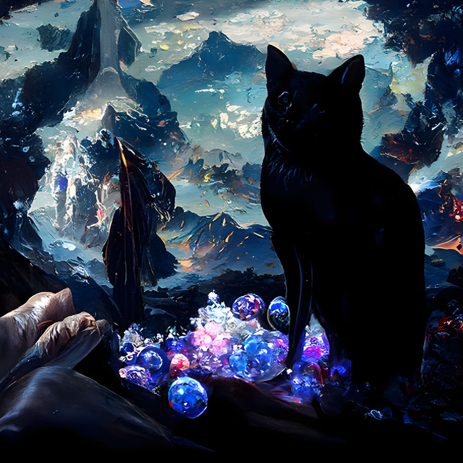 Black Cats with Holographic Crystals, Detailed Digital Art