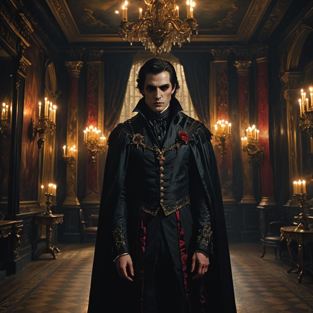 Vampire in Ornate Ballroom: Dark Romantic Oil Painting