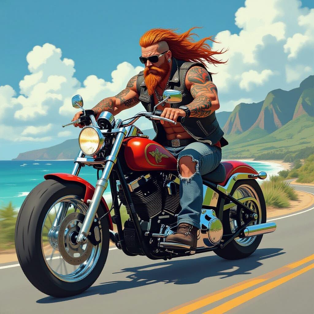Biker Rides Chopper in Hawaiian Landscape, Gritty Art