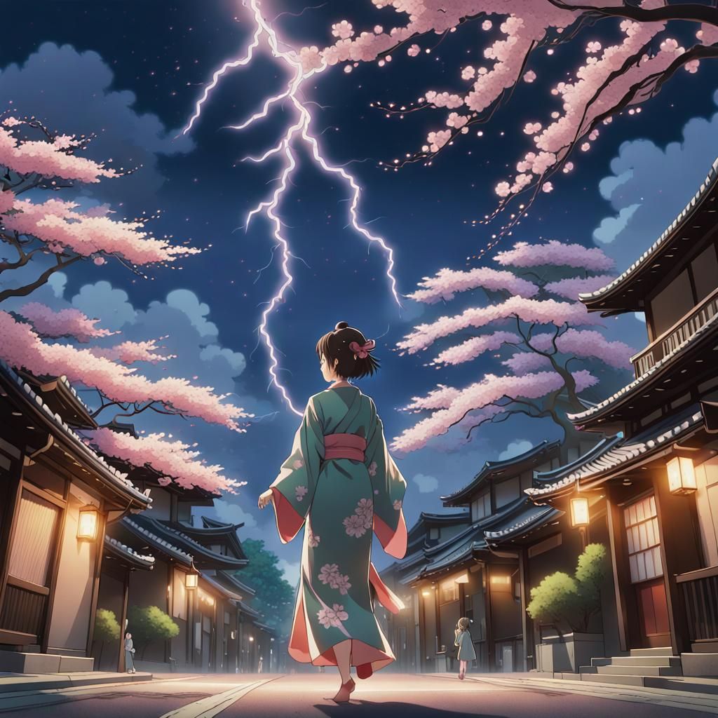Kimono Girl Meets Dragon in Cherry Blossom Night