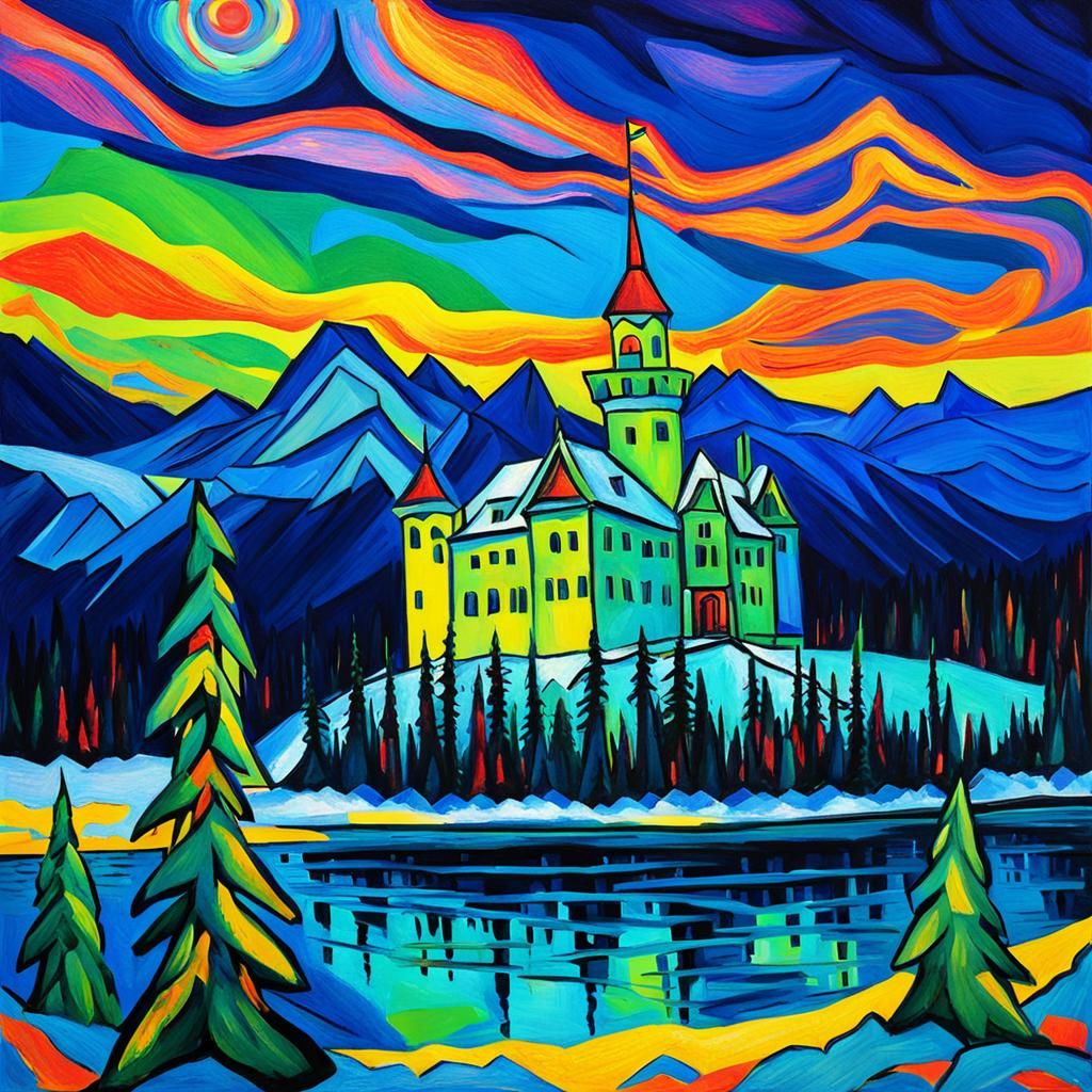 Crystal Castle Under Northern Lights in Fauvism Style