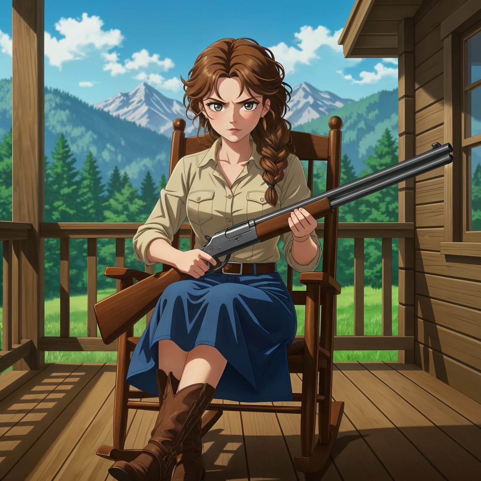 Anime Farm Girl with Shotgun in Tsundere Style