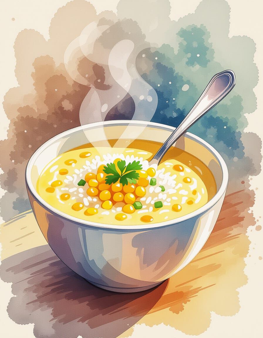 Creamy Corn Soup: Watercolor Splash Art