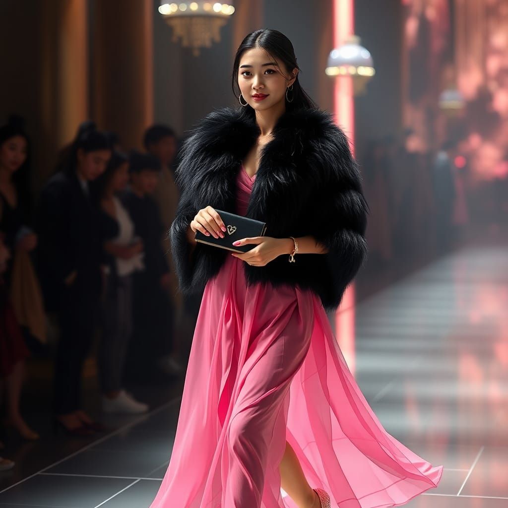 Asian Model on Catwalk in Detailed Matte Painting