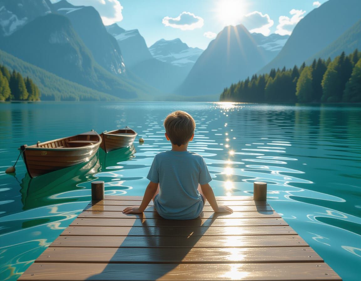 Boy on Jetty Over Sparkling Lake in Dramatic Sunlight