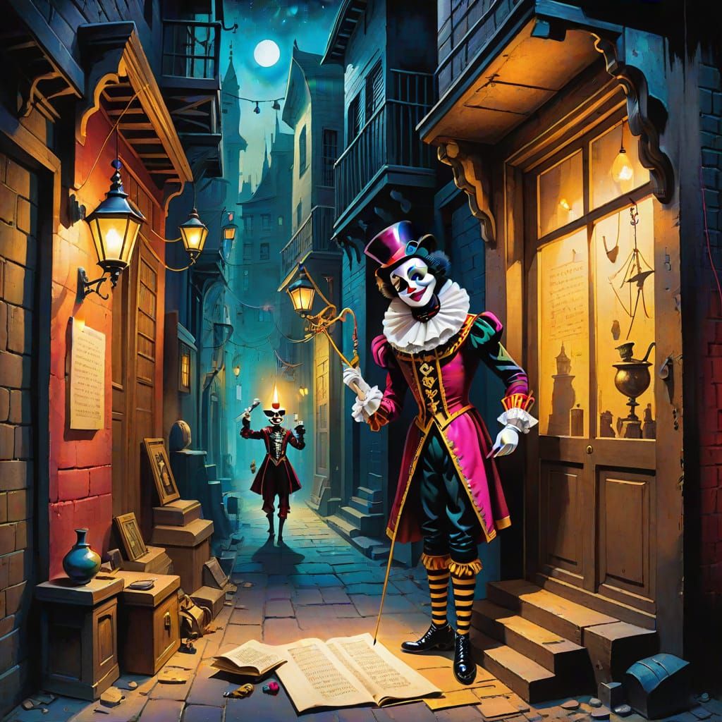 Dark Puppetmaster in Vintage Eerie Alleyway Scene