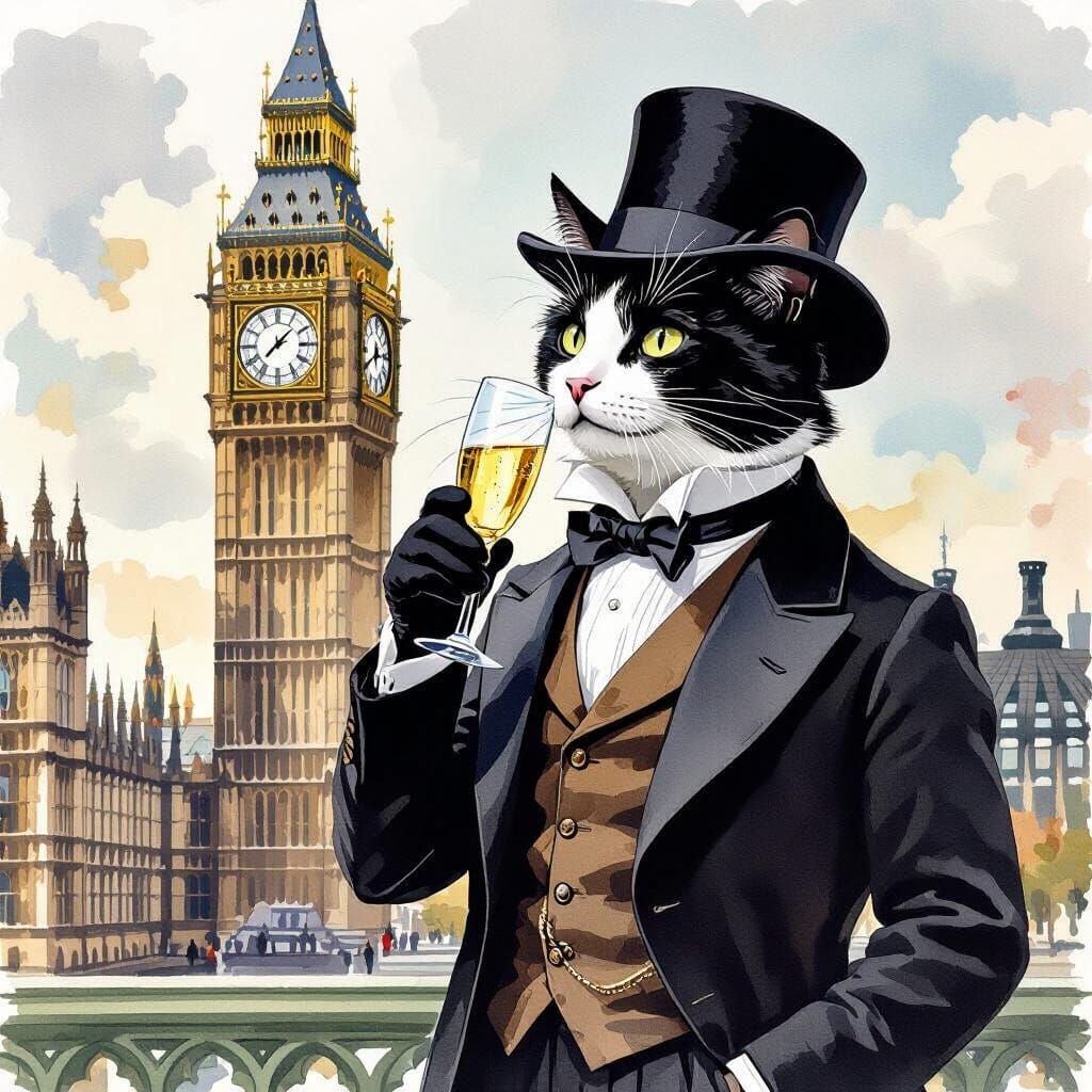 Whimsical Cat in 1890s London Suit Before Big Ben