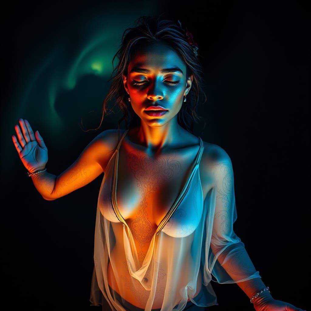 Mystical Woman in Vibrant, Surreal Landscape