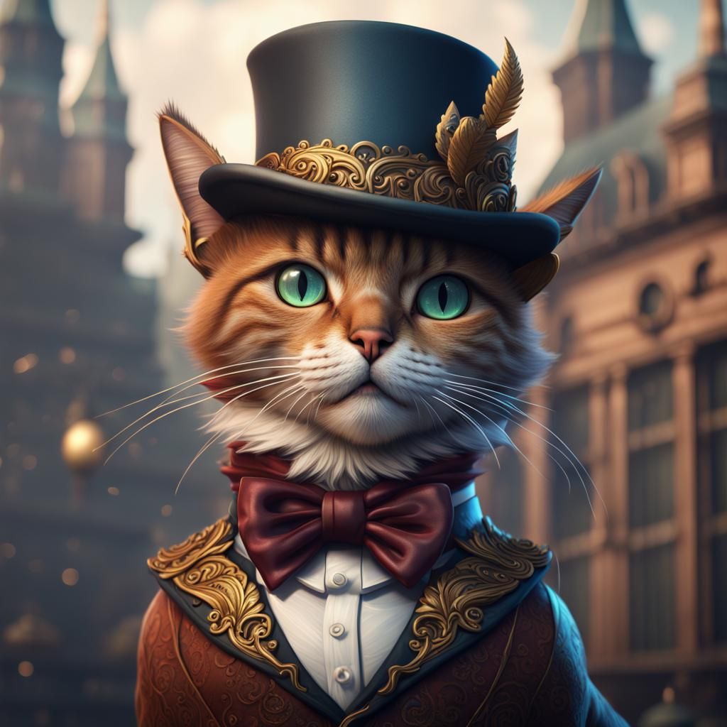 Fancy Cat with Top Hat: Detailed Digital Painting