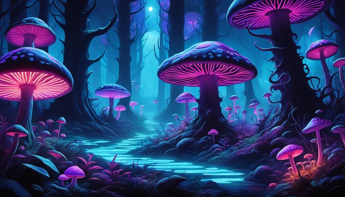 Neon Fantasy Forest Illuminated by Black Light