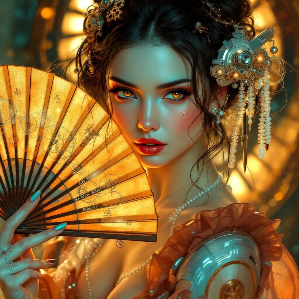 Retro-Futurist Cyber-Geisha with Copper Eyes