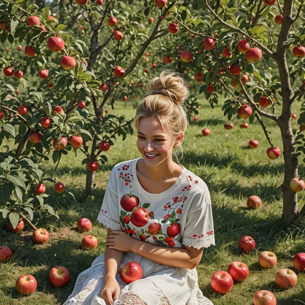 Woman Bites Apple in Fruit Orchard: Hyperrealistic Photo