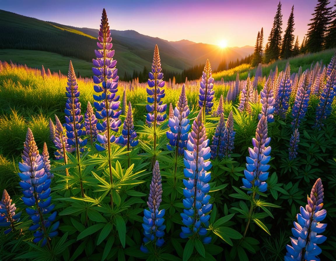 Multicolored Lupine Meadow at Magic Hour