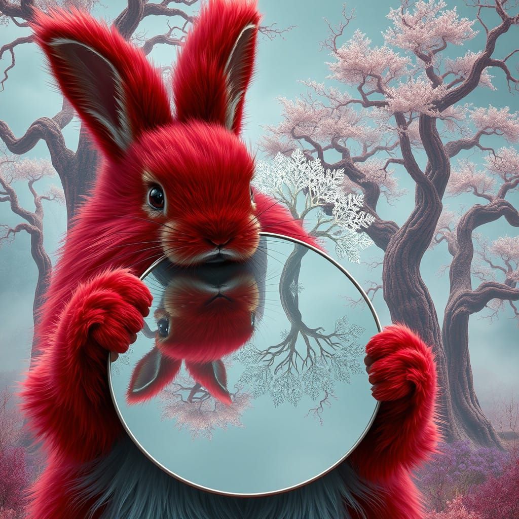 Majestic Crimson Rabbit in Enchanted Forest