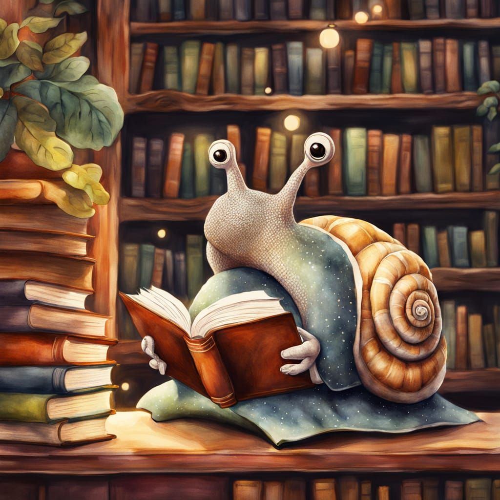 Snail Reads in Library: Whimsical Watercolor Illustration