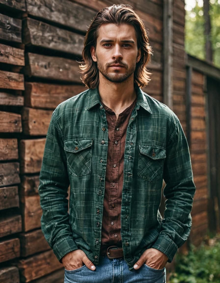 Hyperrealistic Portrait of a Handsome Man in Flannel and Rip...