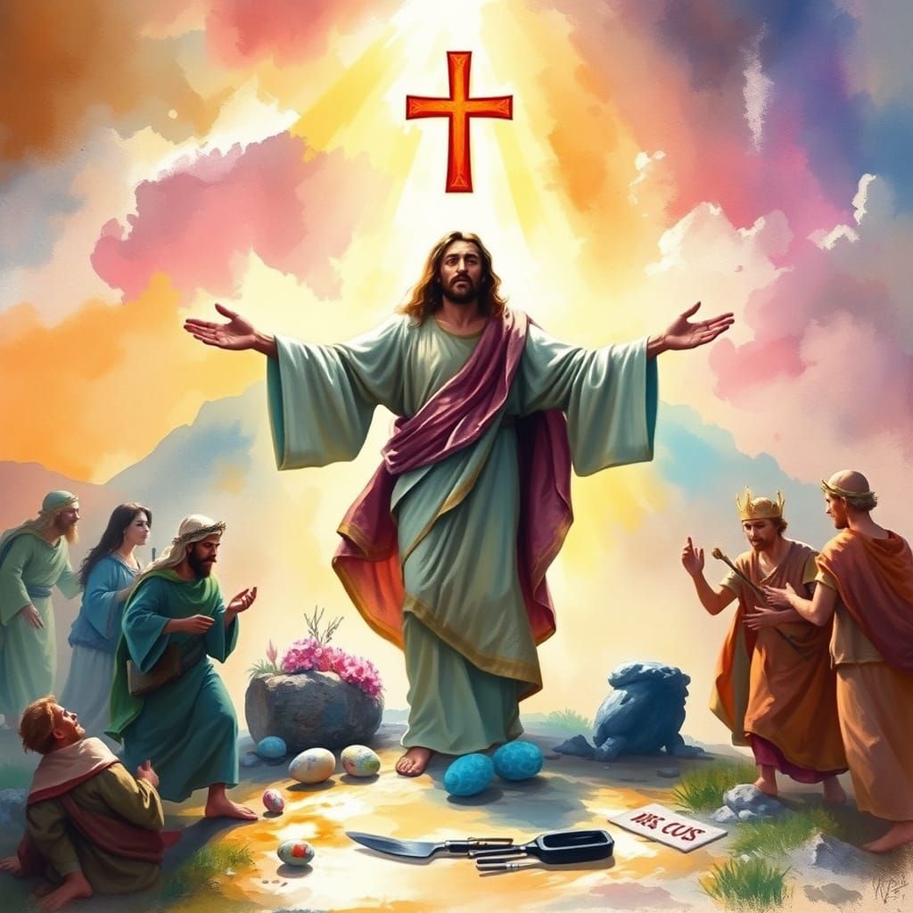 Jesus Resurrection in Vibrant Watercolor Fantasy