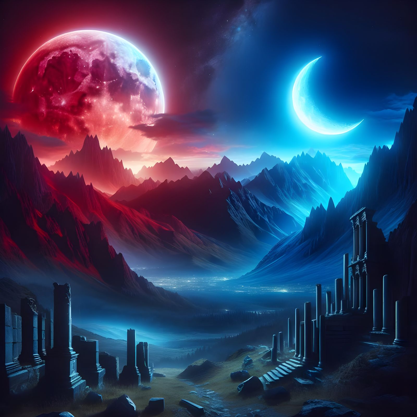 Crimson Moon Over Ancient Mountain Ruins