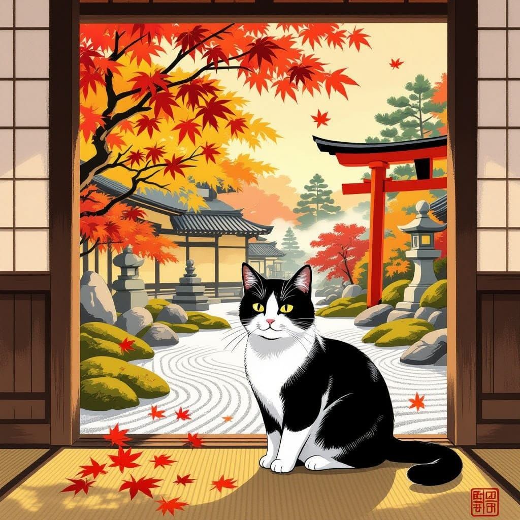 Japanese Bobtail Cat in Ukiyo-e Autumn Garden