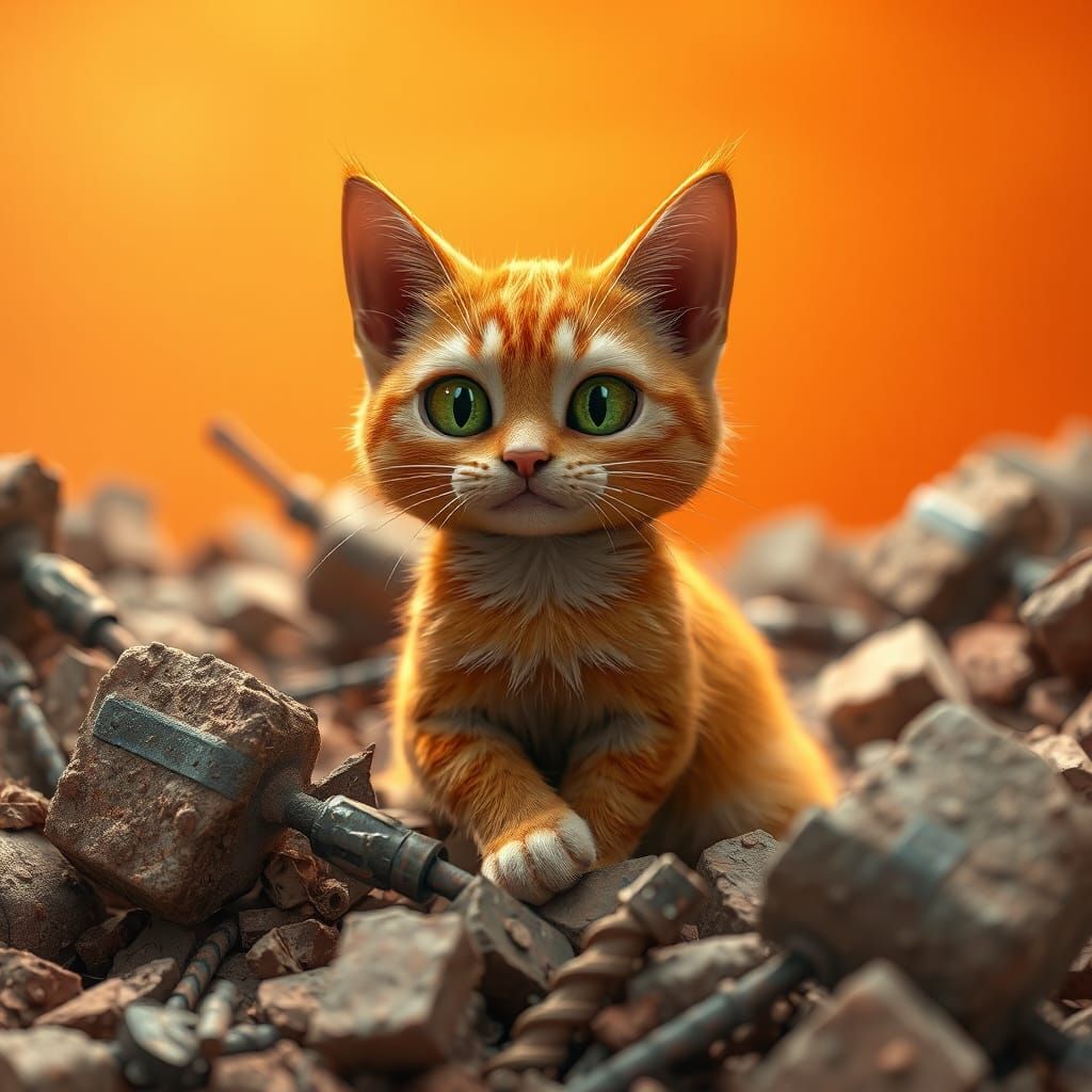 Orange Tabby Cat in Rubble, 3D Digital Art