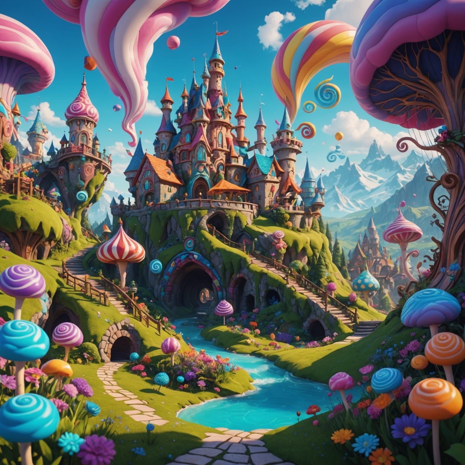 Vibrant Candyland Wonderland in Gouache Swirls - Fantasy Con...